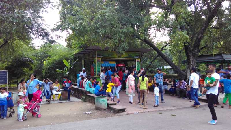 Visitors having light snacks and drinks at canteen inside Delhi Zoo
