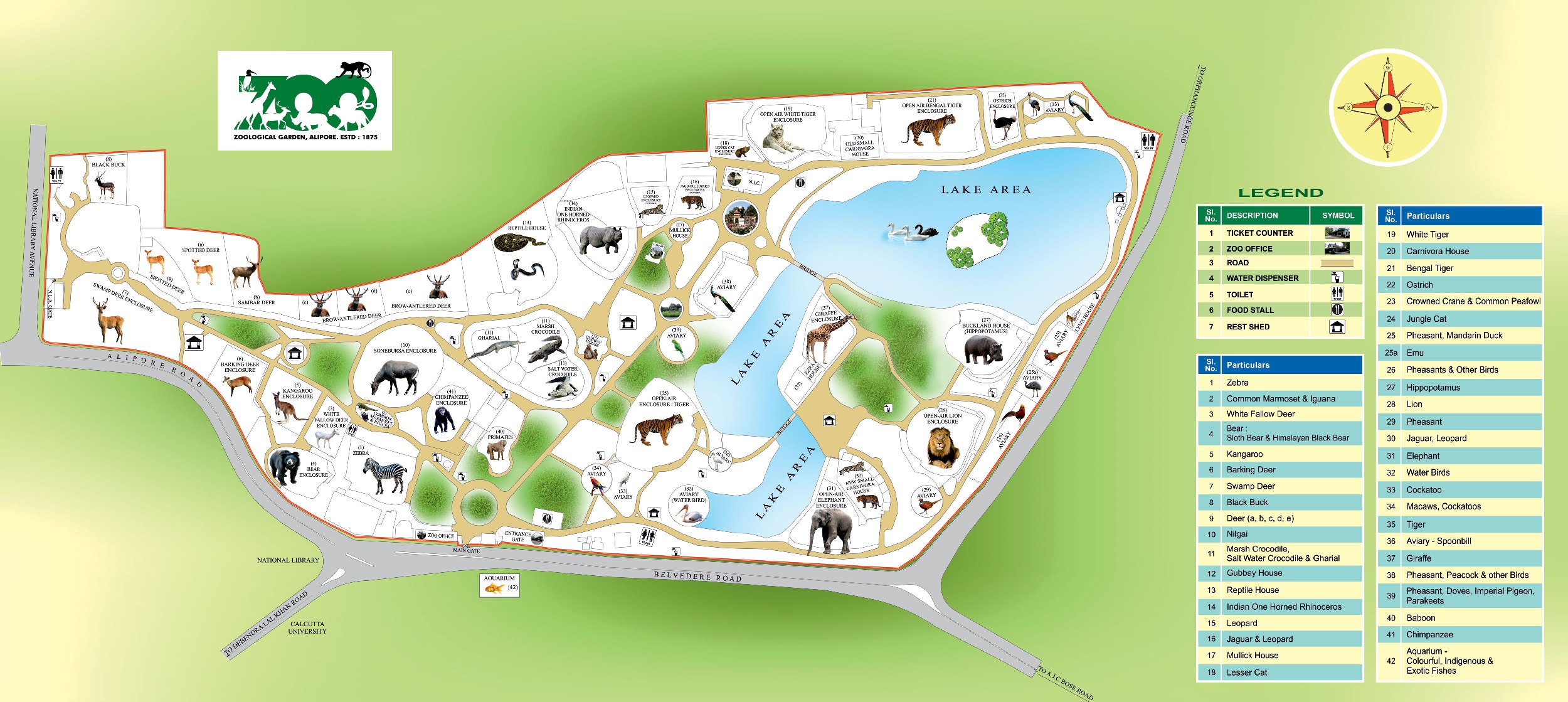 Alipore Zoo Map displays Ticket counter, zoo office, road, water dispenser, toilet, food stalls, sheds, etc.