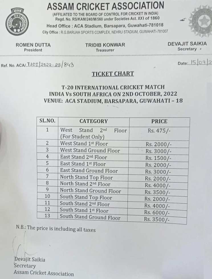 India vs South Africa Barsapara Stadium Ticket Price 02 October 2022