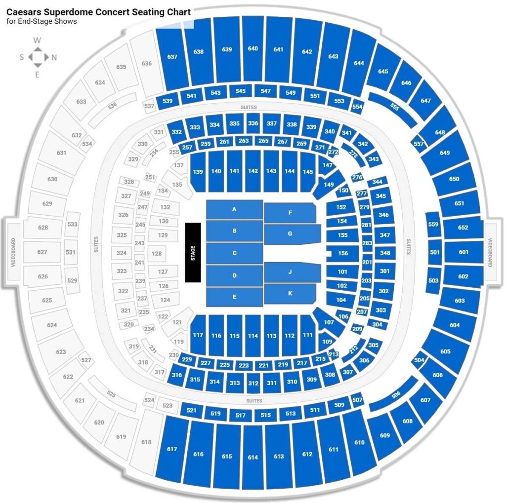 Caesars Superdome Seating Chart with Rows and Seat Numbers, Tickets ...